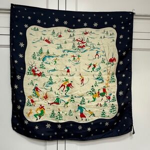 “Vintage GAP 100% Silk Scarf – Made in Italy, Winter Ice-Skating Scene”